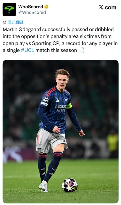 厄德高欧冠单场6次突破禁区创赛季新高